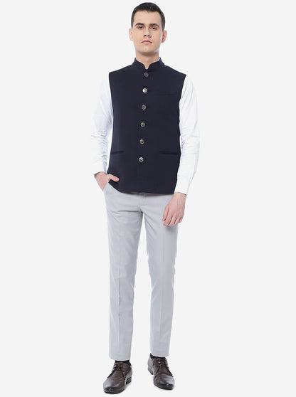 Navy Blue Solid Regular Fit Bandhgala Jacket | Greenfibre
