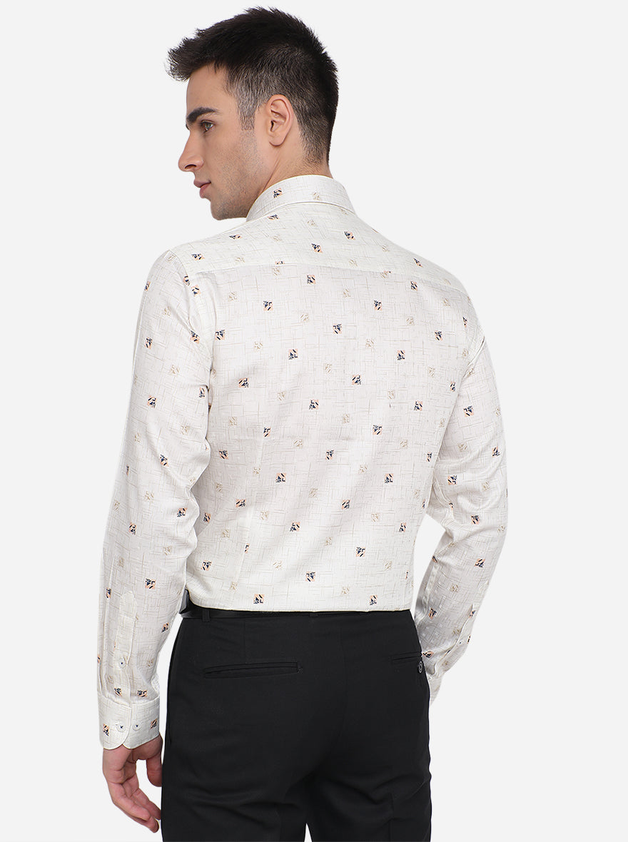 Cream & Blue Printed Slim Fit Formal Shirt | Metal