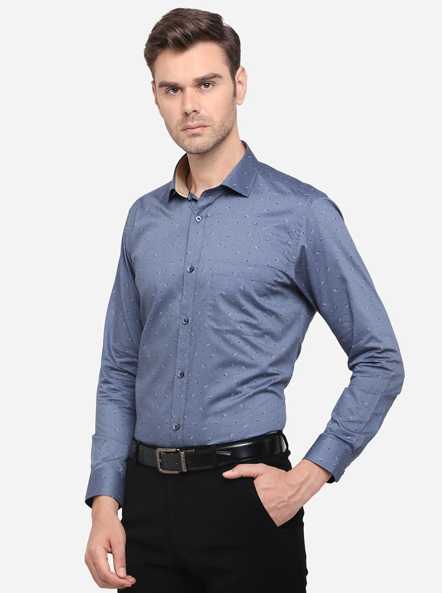 Blue Printed Slim Fit Formal Shirt | Greenfibre