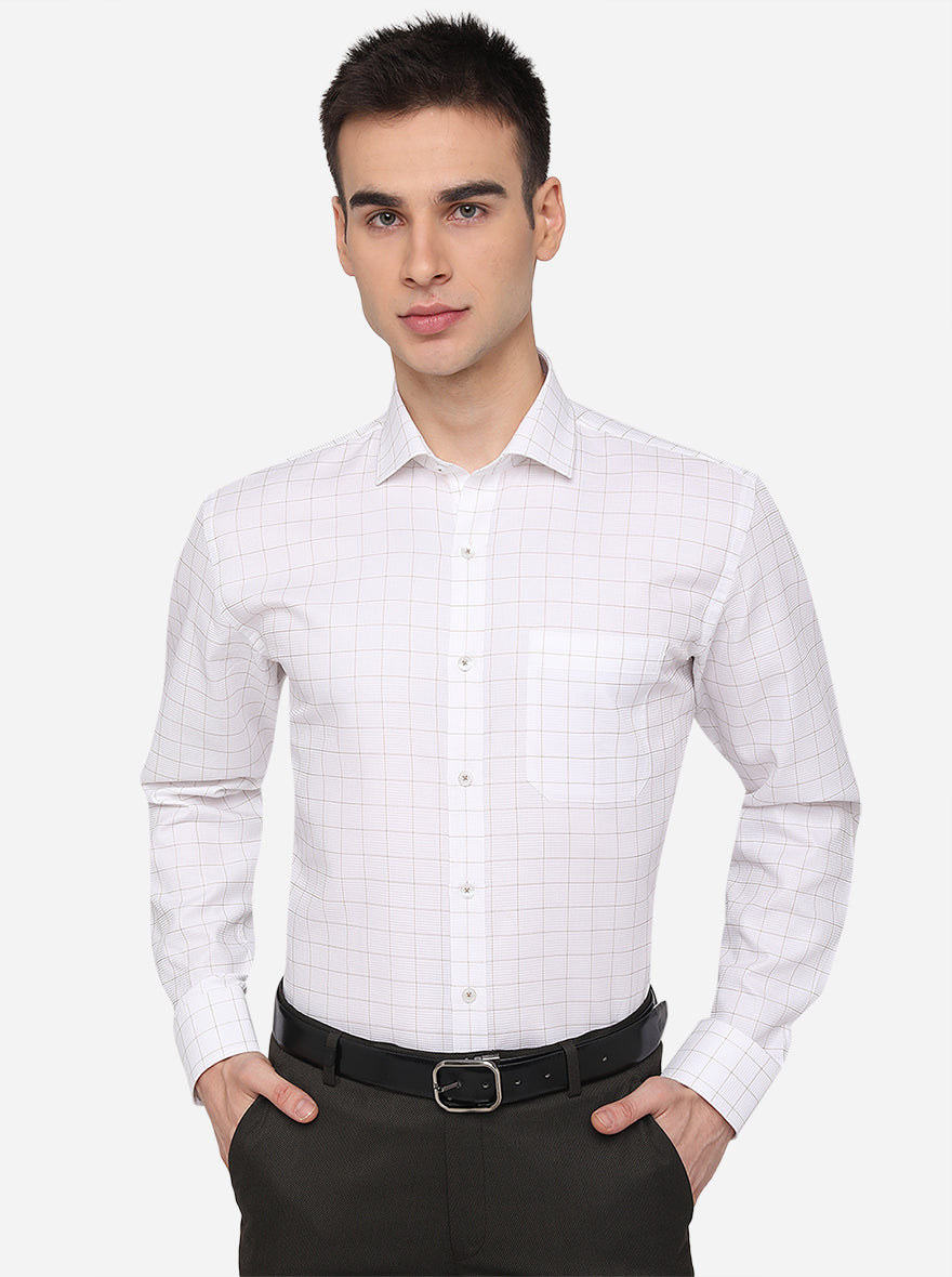 White & Brown Checked Regular Fit Formal Shirt | JadeBlue