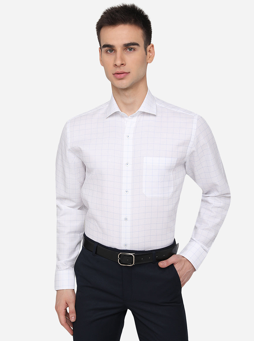 White & Sky Blue Checked Regular Fit Formal Shirt | JadeBlue