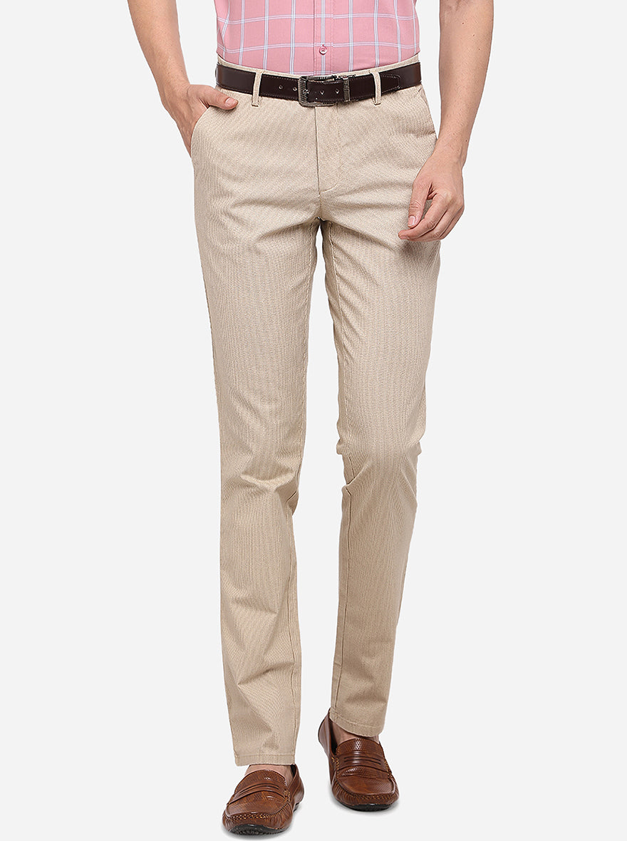 Beige Solid Slim Fit Casual Trouser | JadeBlue