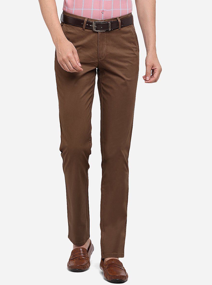 Brown Solid Slim Fit Casual Trouser | JadeBlue