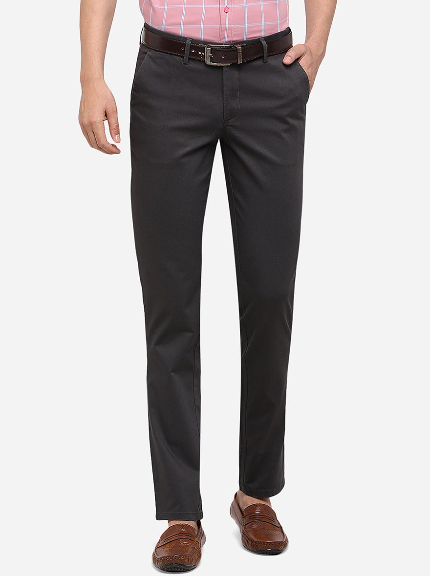 Dark Grey Solid Slim Fit Casual Trouser | JadeBlue