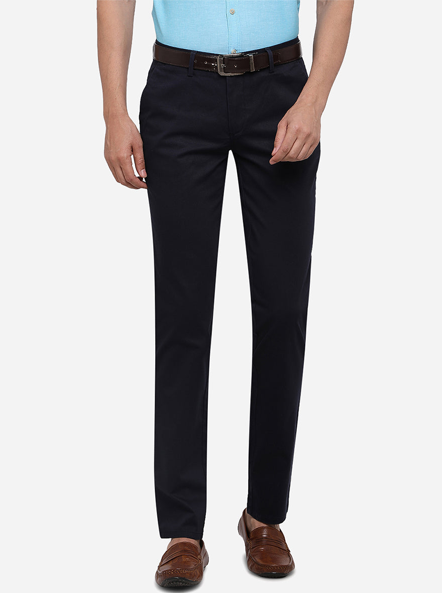 Navy Blue Solid Slim Fit Casual Trouser | JadeBlue