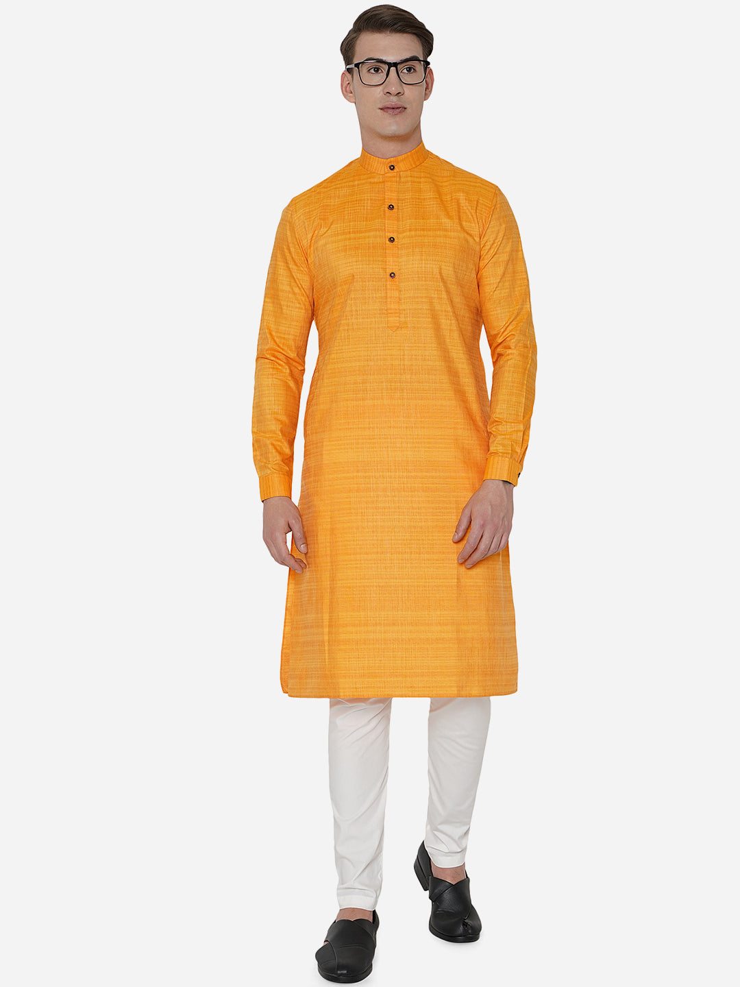 Bright Yellow Self Textured Regular Fit Modi Kurta | JadeBlue