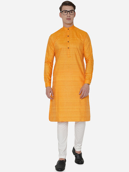 Bright Yellow Self Textured Regular Fit Modi Kurta | JadeBlue