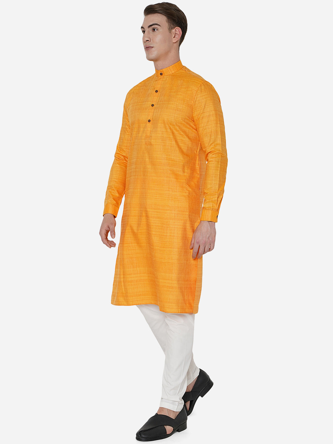 Bright Yellow Self Textured Regular Fit Modi Kurta | JadeBlue