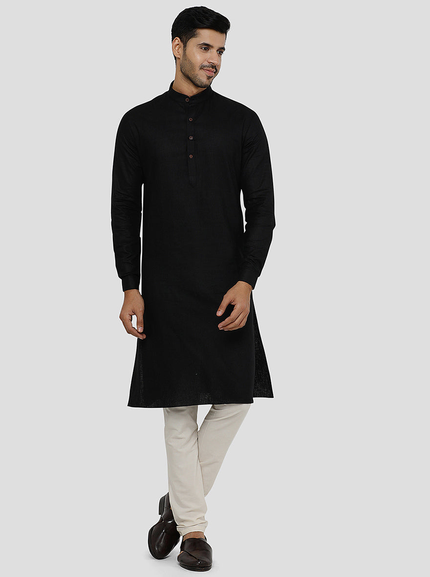 Black Self Textured Regular Fit Modi Kurta | JadeBlue