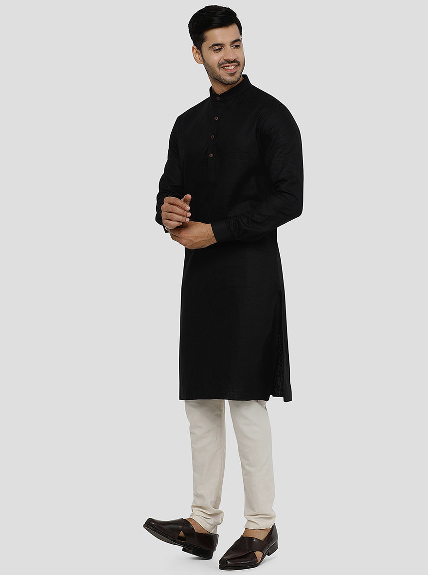 Black Self Textured Regular Fit Modi Kurta | JadeBlue