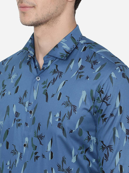 Cornflower Blue Printed Slim Fit Party Wear Shirt | JB Studio