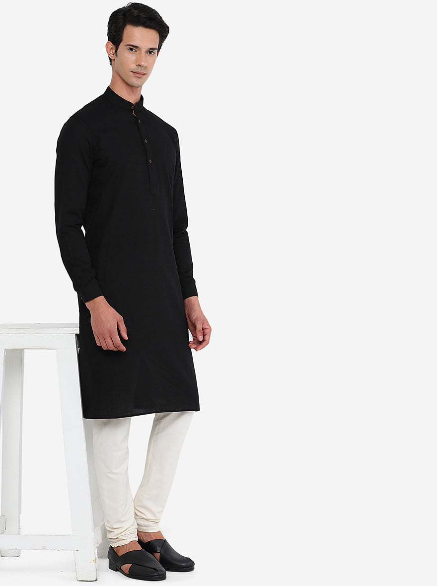 Black Self Textured Modi Kurta | JadeBlue