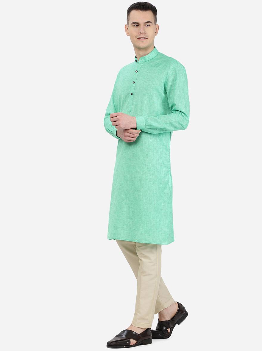 Lime Green Self Textured Regular Fit Modi Kurta | Modi Kurta