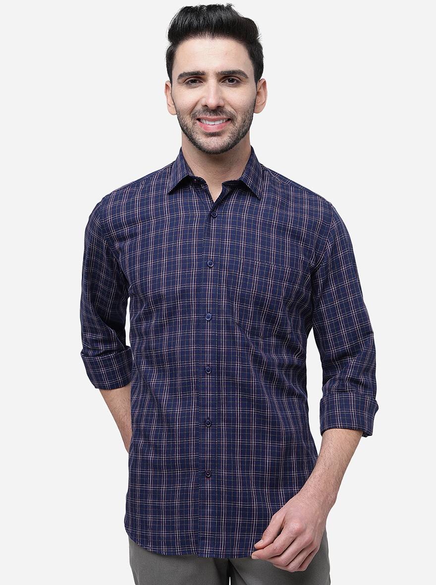 Navy Blue Checked Slim Fit Casual Shirt | JadeBlue