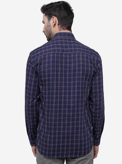 Navy Blue Checked Slim Fit Casual Shirt | JadeBlue