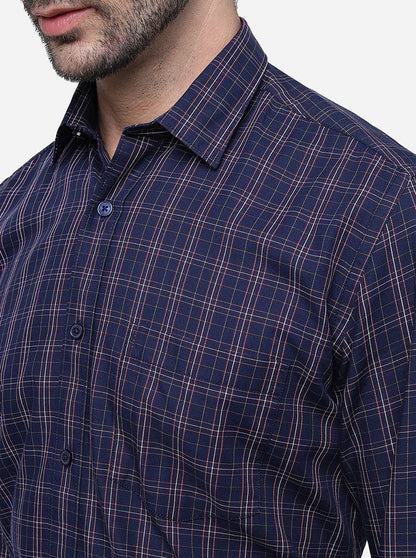 Navy Blue Checked Slim Fit Casual Shirt | JadeBlue