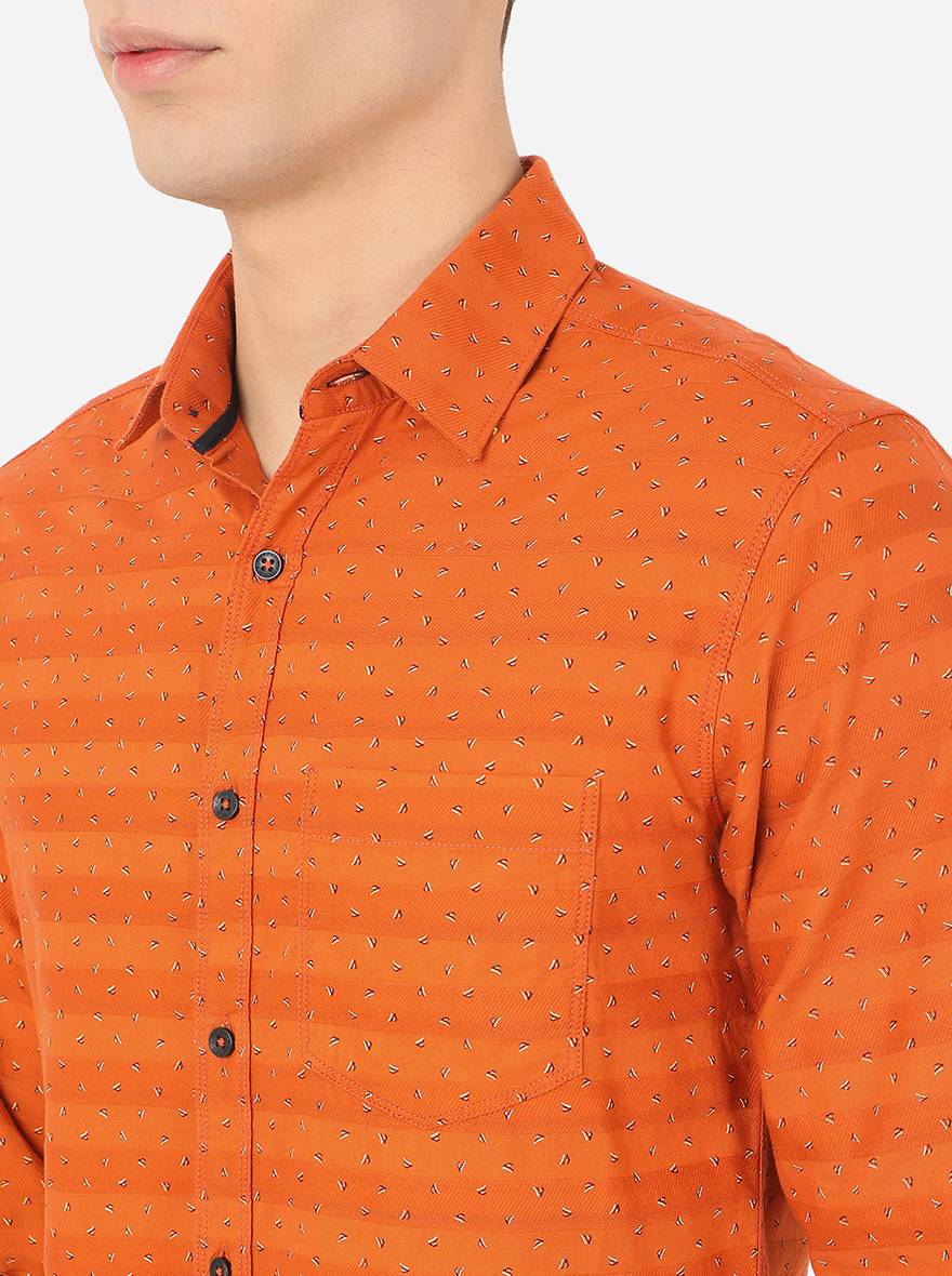 Apricot Orange Printed Slim Fit Semi Casual Shirt | Greenfibre