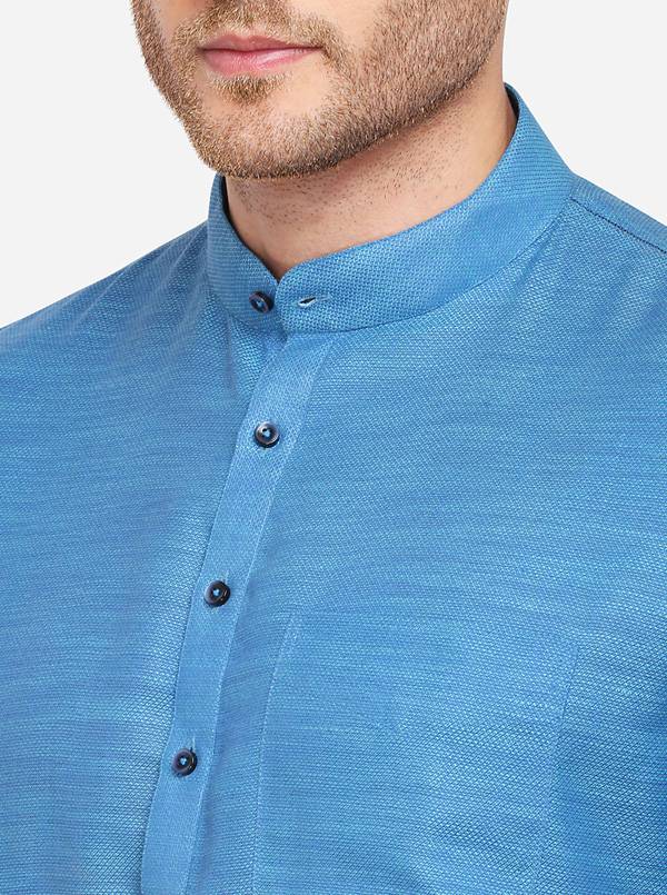 Teal Blue Self Textured Regular Fit Modi Kurta | JadeBlue