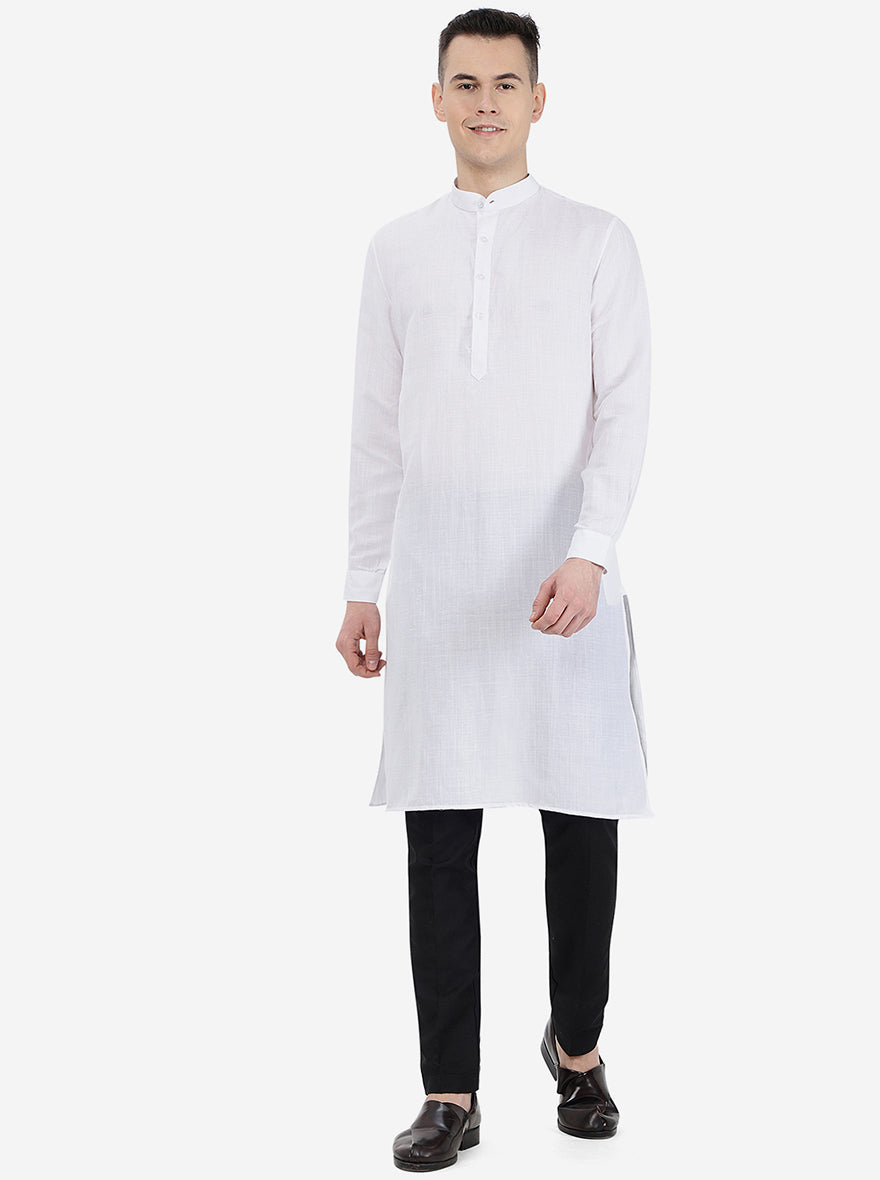 White Self Textured Regular Fit Modi Kurta | JadeBlue