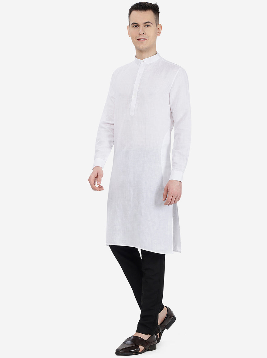 White Self Textured Regular Fit Modi Kurta | JadeBlue