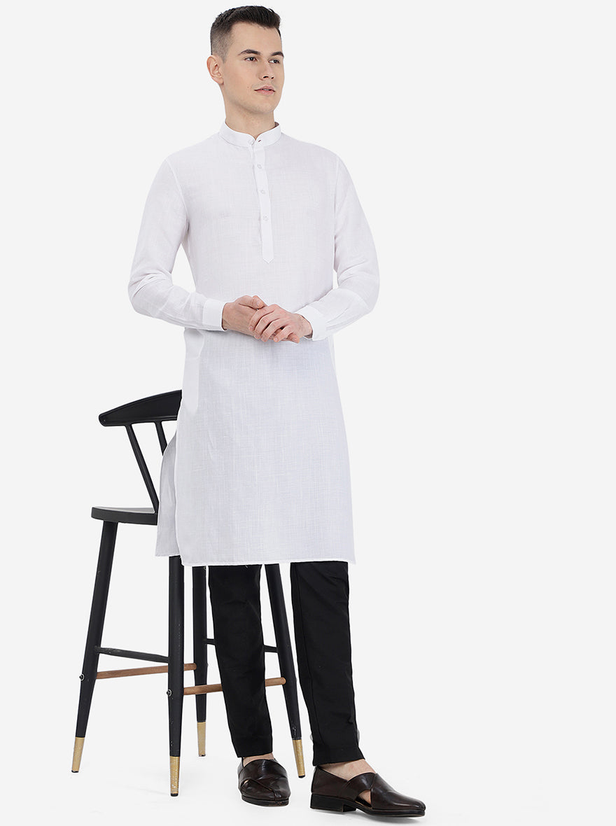 White Self Textured Regular Fit Modi Kurta | JadeBlue