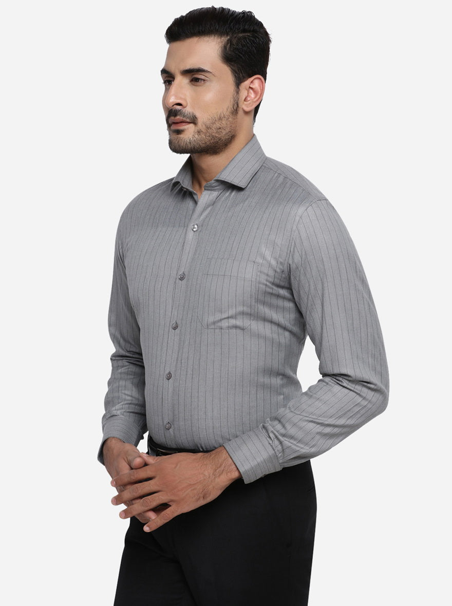 Grey Striped Regular Fit Formal Shirt | Greenfibre