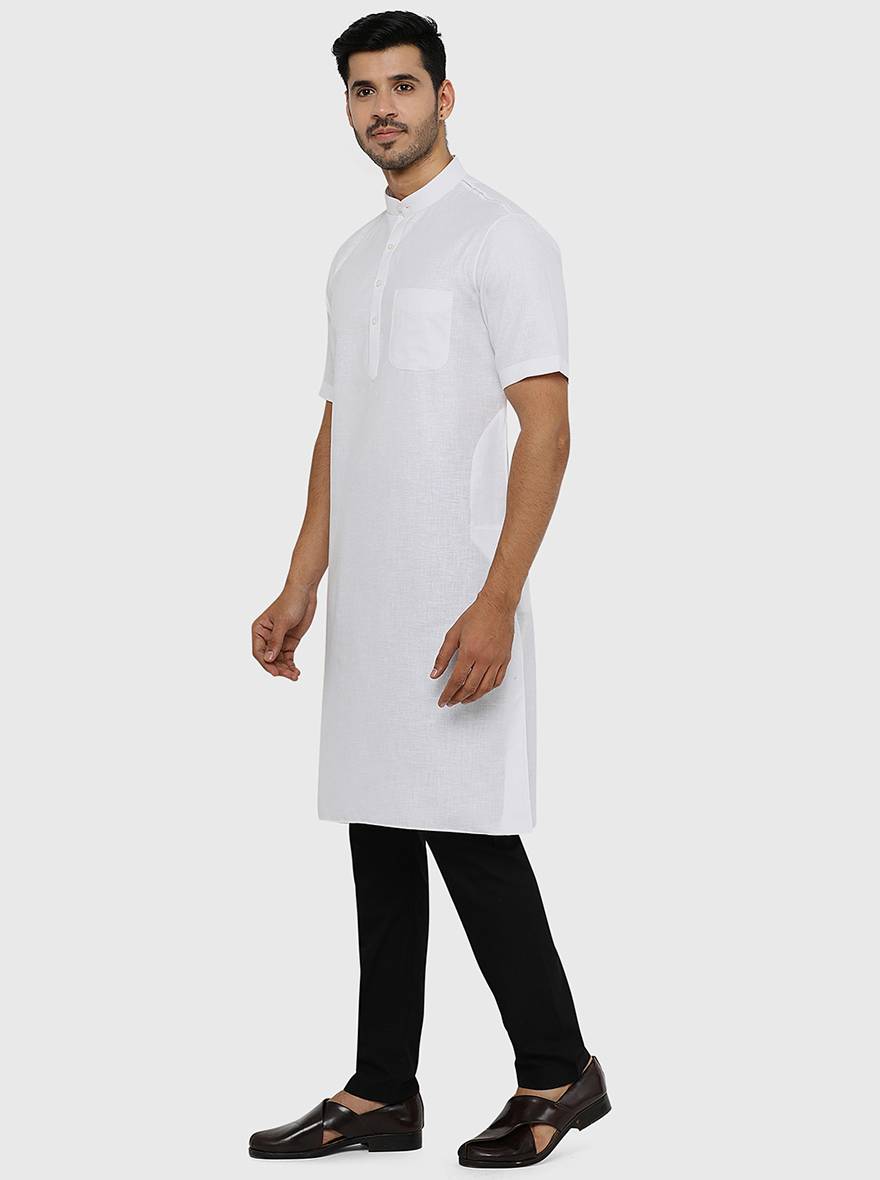 White Self Textured Regular Fit Modi Kurta | JadeBlue
