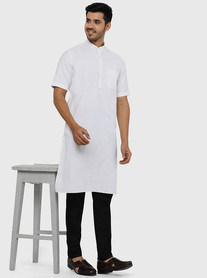 White Self Textured Regular Fit Modi Kurta | JadeBlue