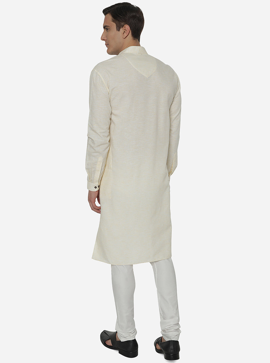 Yellow Self Textured Regular Fit Modi Kurta | JadeBlue