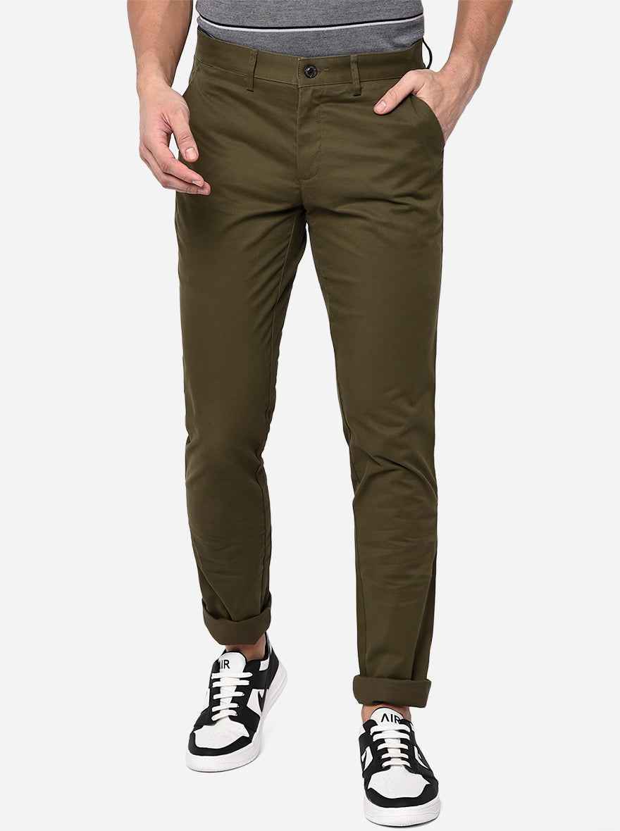 Olive Green Washed Uno Fit Casual Trouser | JadeBlue