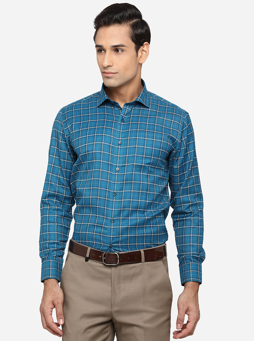 Teal Blue Checked Slim Fit Formal Shirt | Greenfibre