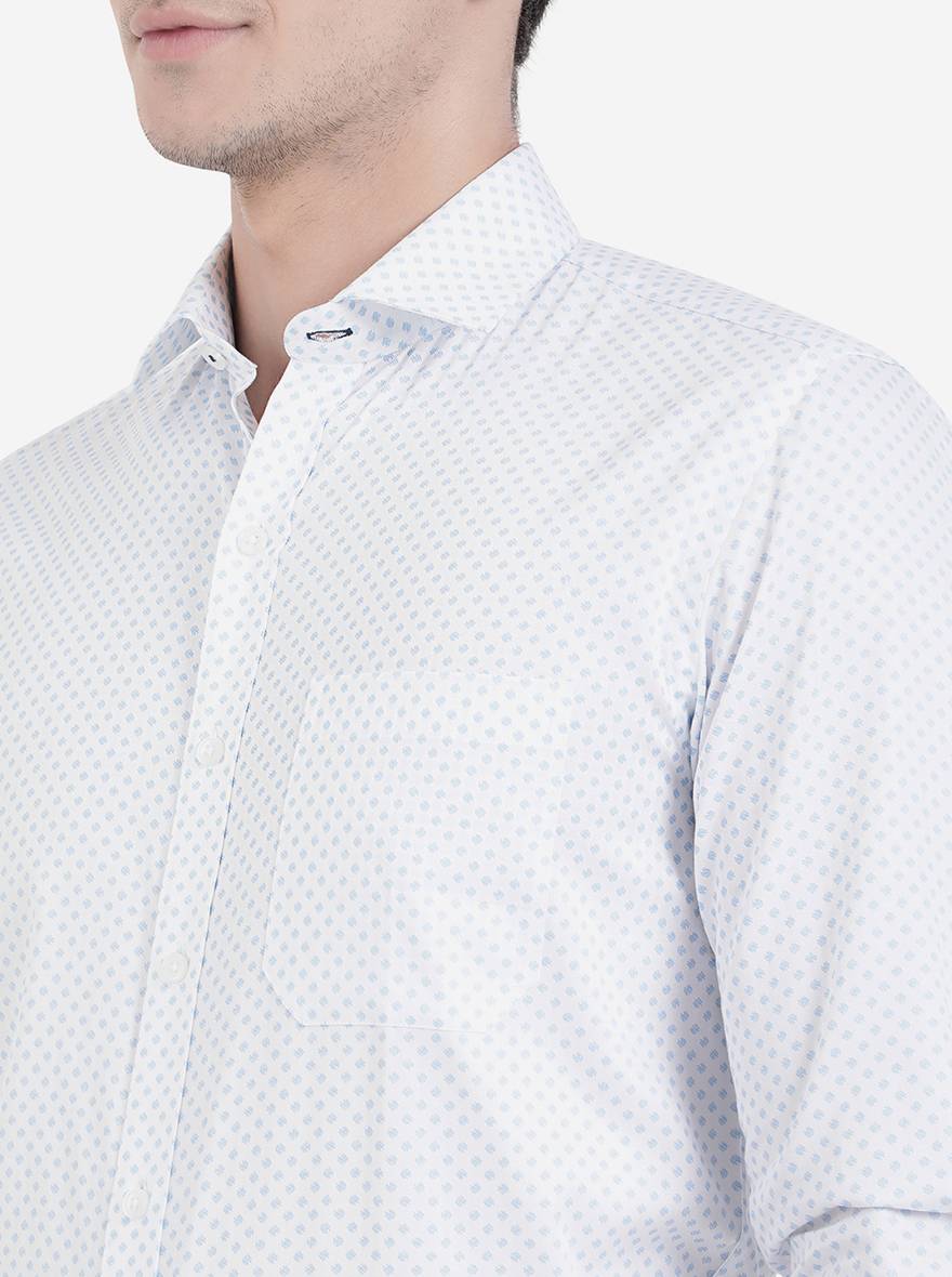 White & Blue Printed Slim Fit Formal Shirt | Greenfibre