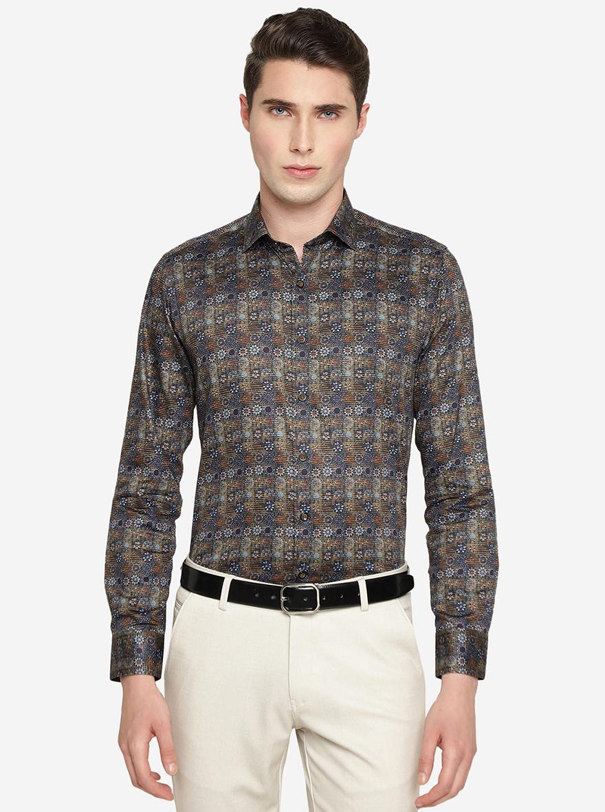 Blue Printed Slim Fit Party Wear Shirt | JB Studio