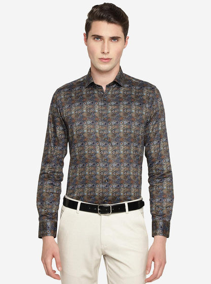 Blue Printed Slim Fit Party Wear Shirt | JB Studio