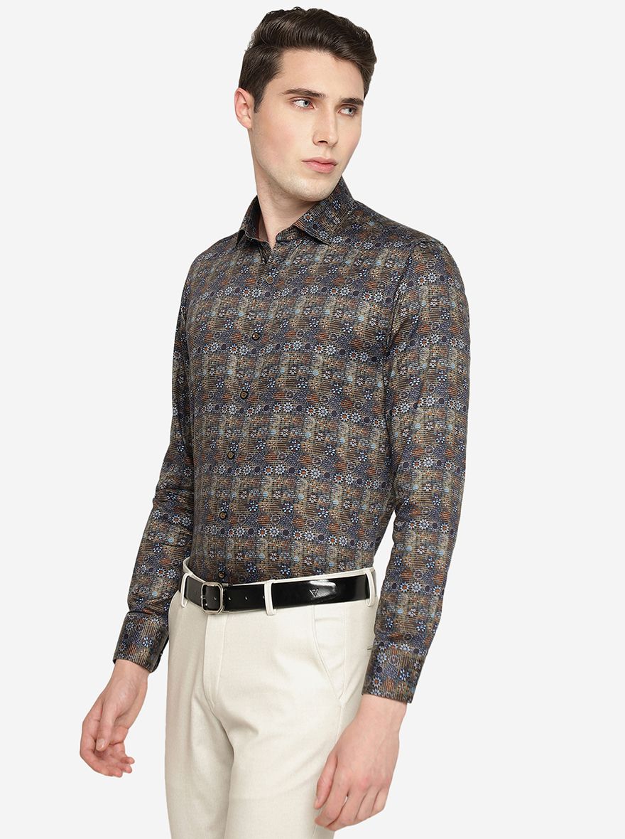Blue Printed Slim Fit Party Wear Shirt | JB Studio