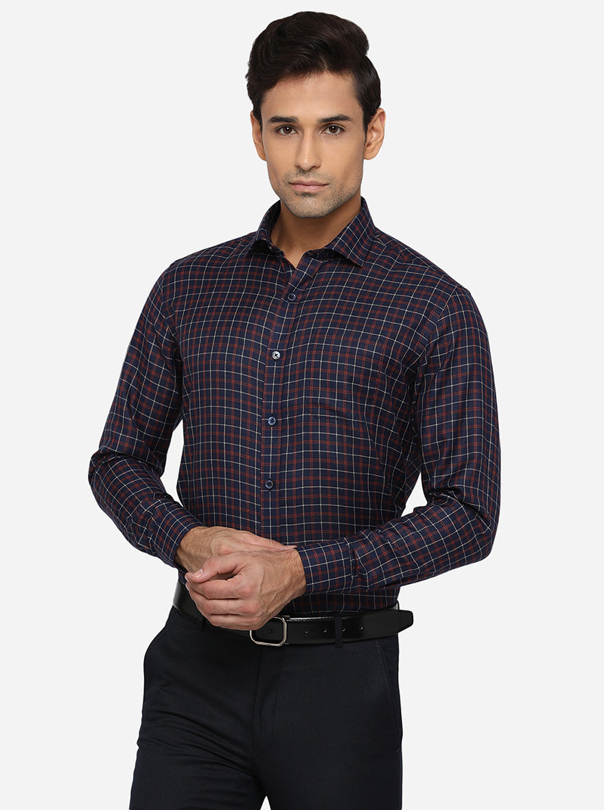 Navy Blue Checked Slim Fit Formal Shirt | Greenfibre