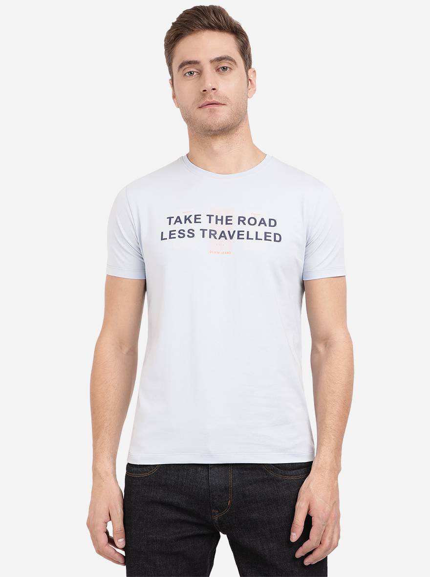 Powder Blue Printed Slim Fit T-Shirt | JadeBlue