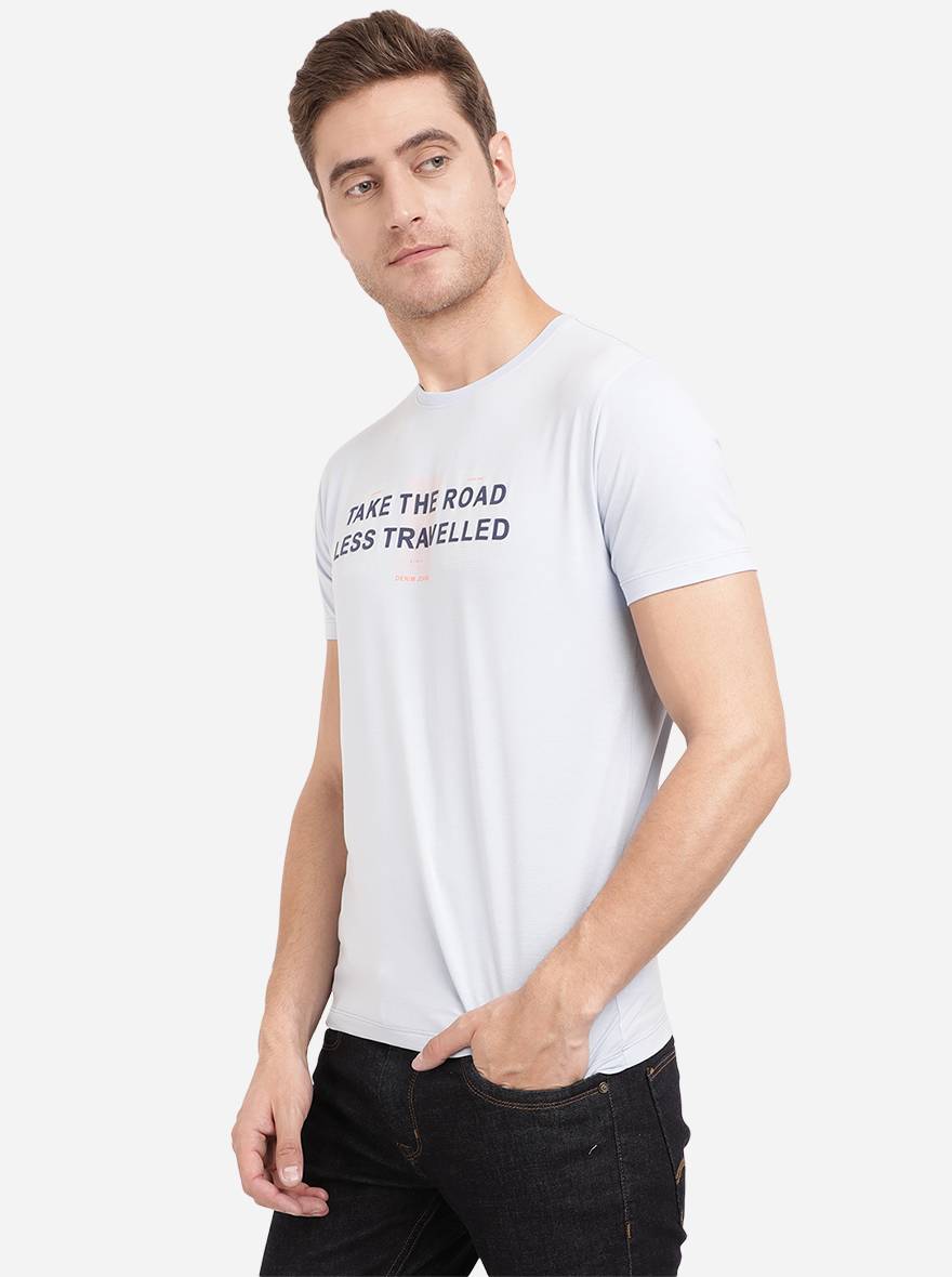 Powder Blue Printed Slim Fit T-Shirt | JadeBlue