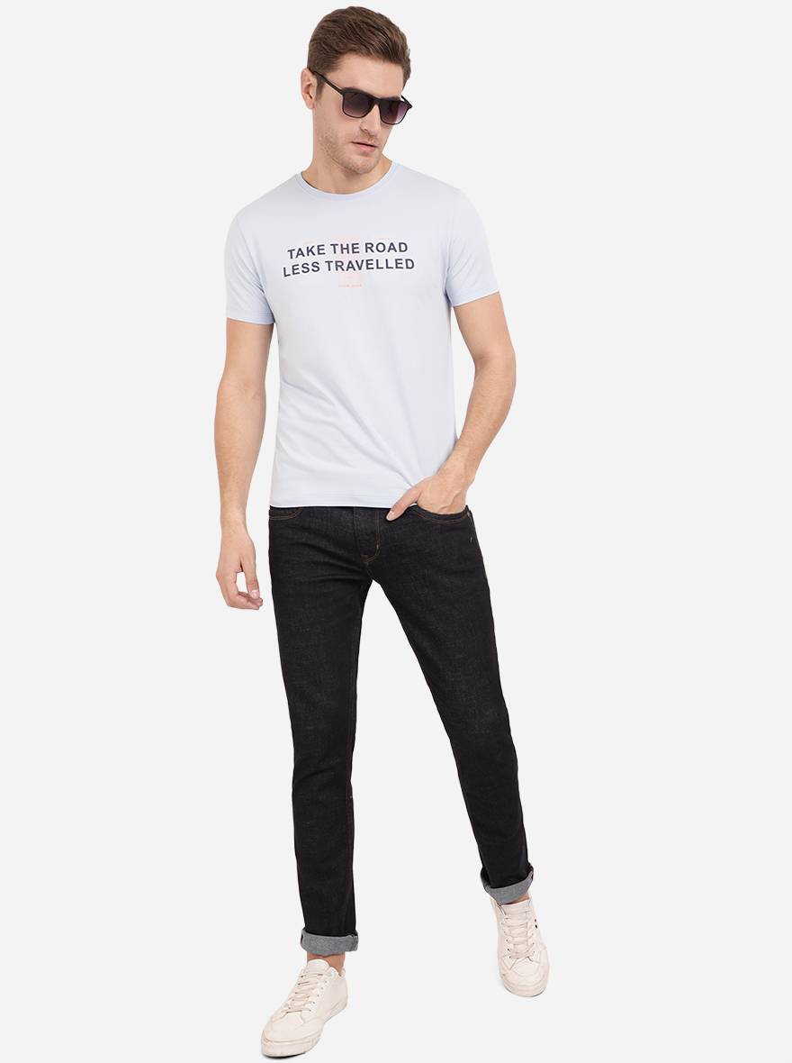 Powder Blue Printed Slim Fit T-Shirt | JadeBlue