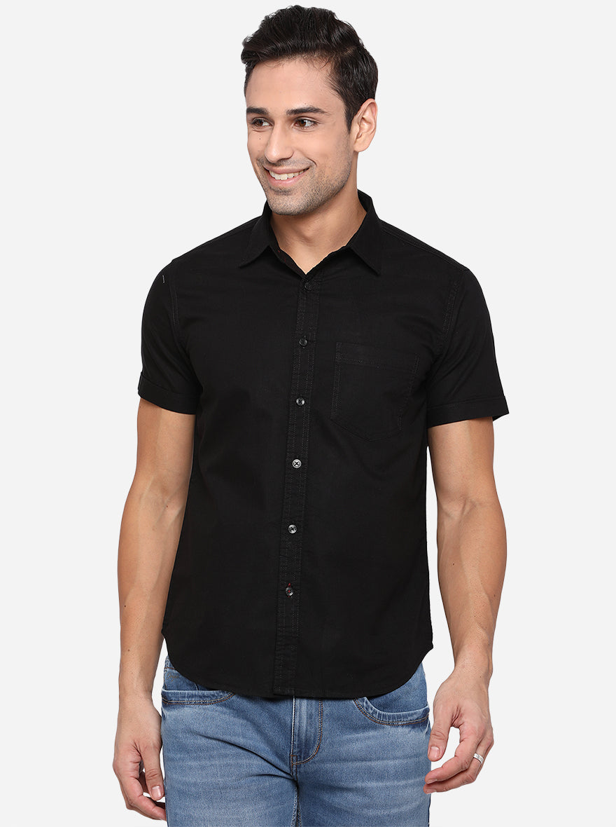 Jet Black Solid Slim Fit Semi Casual Shirt | Greenfibre