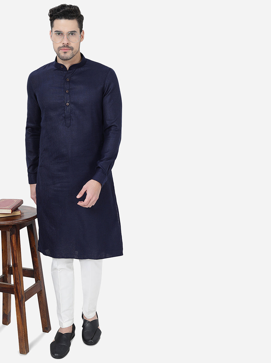 Blue Self Textured Regular Fit Modi Kurta | JadeBlue