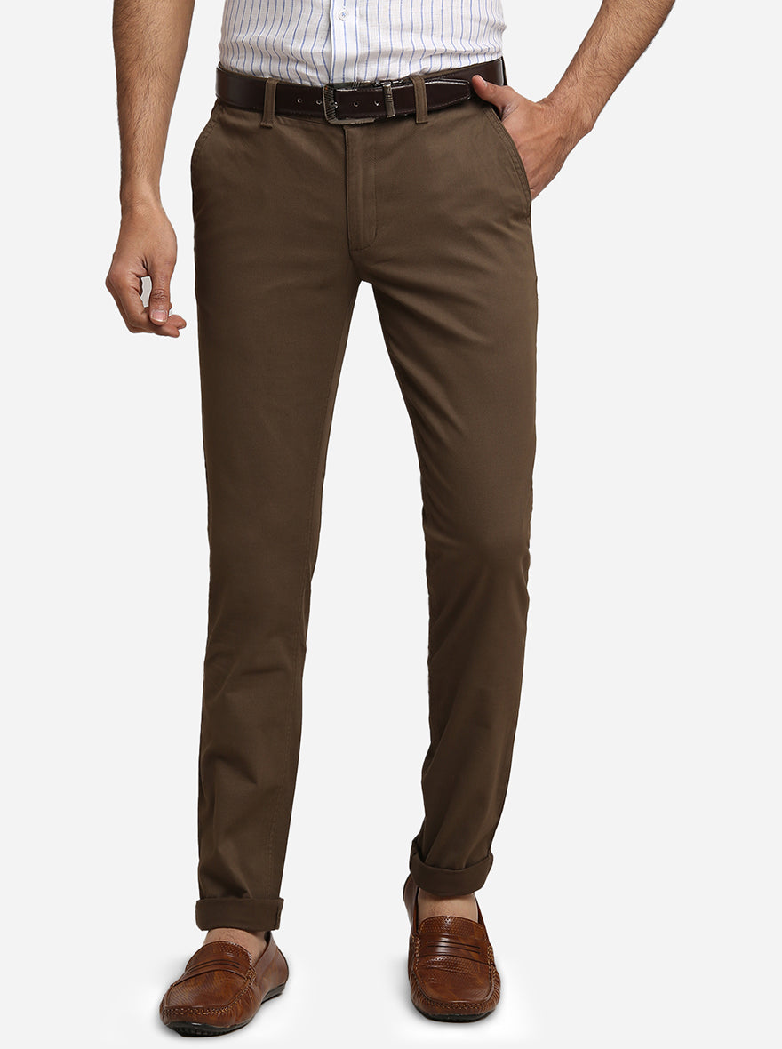 Brown Solid Slim Fit Casual Trouser | Greenfibre