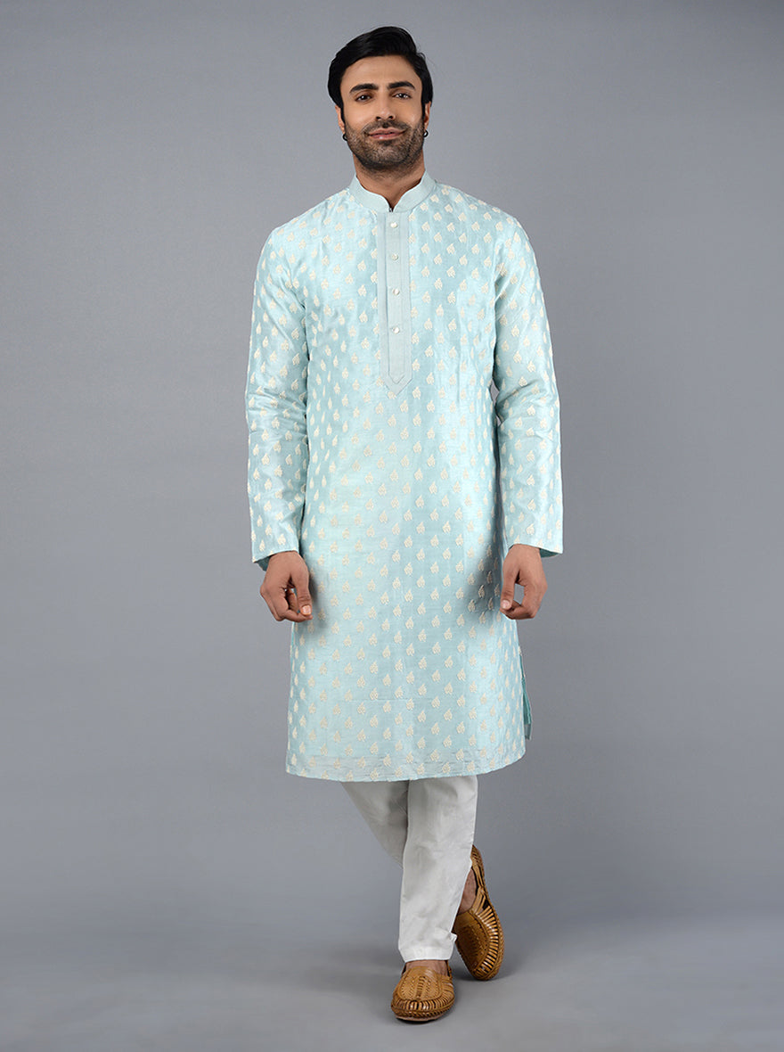 Sky Blue Cotton Mens Kurta Lucknawi Chikankari Handmade, 54% OFF