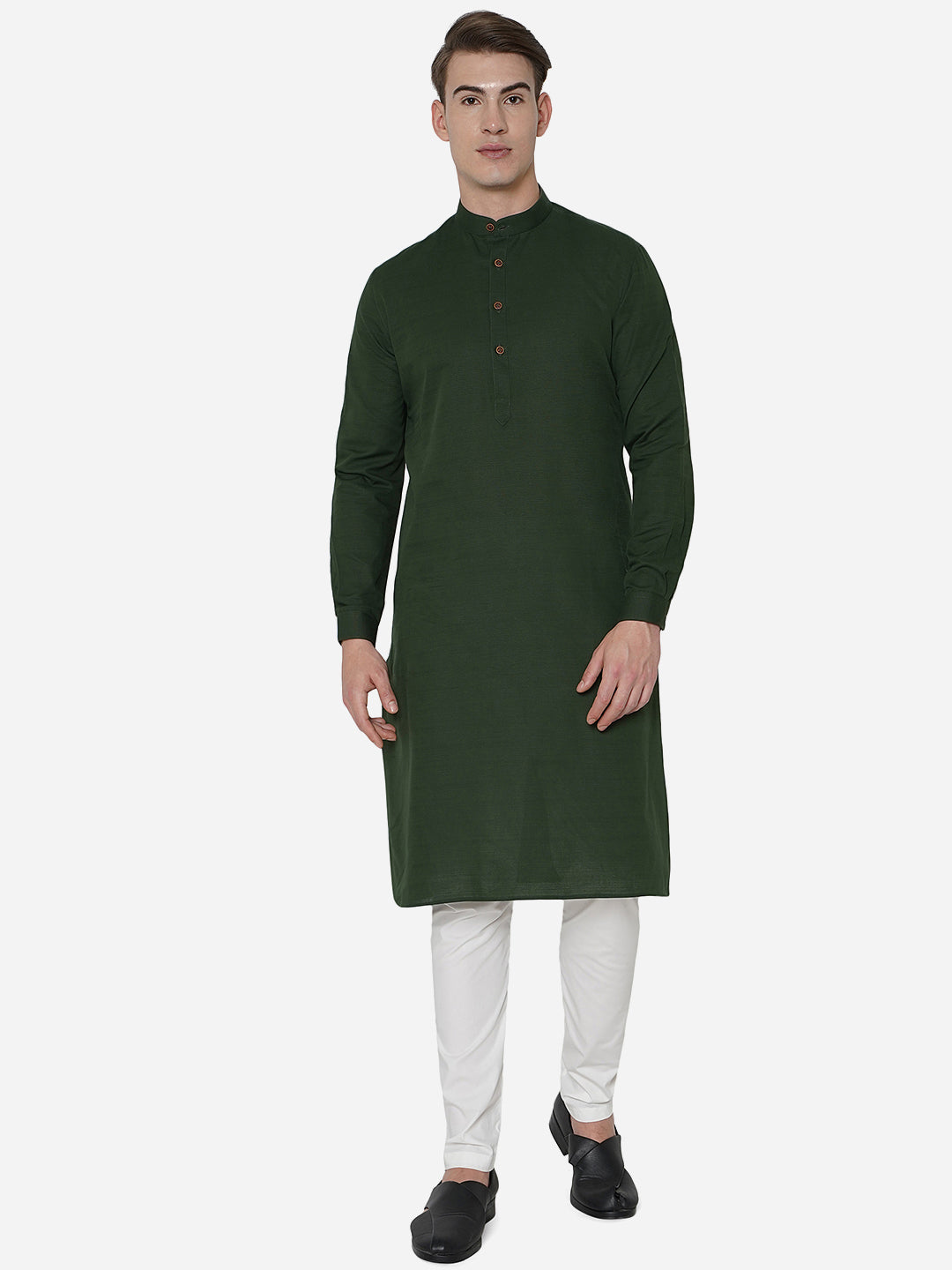 Dark Green Self Textured Regular Fit Modi Kurta | JadeBlue