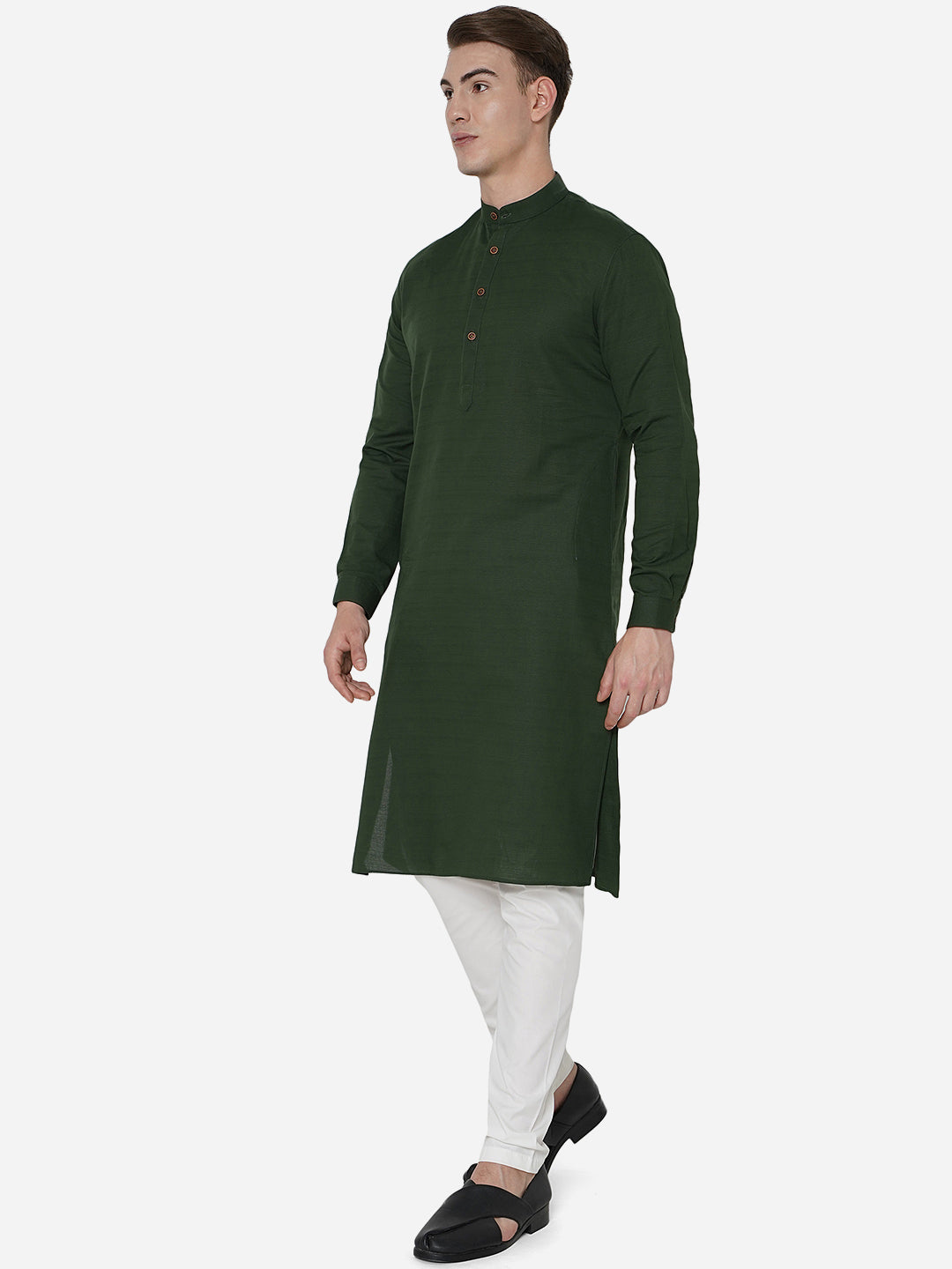 Dark Green Self Textured Regular Fit Modi Kurta | JadeBlue