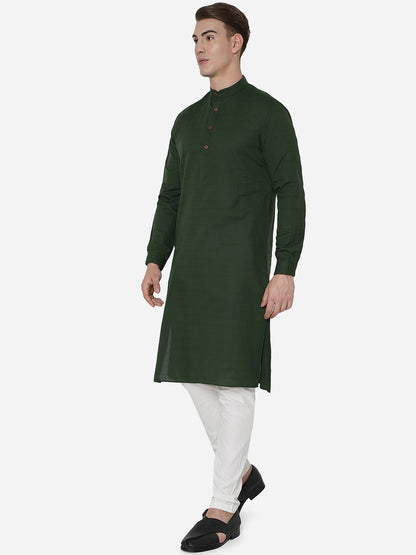 Dark Green Self Textured Regular Fit Modi Kurta | JadeBlue