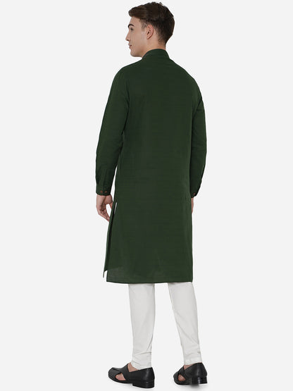 Dark Green Self Textured Regular Fit Modi Kurta | JadeBlue