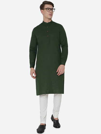 Dark Green Self Textured Regular Fit Modi Kurta | JadeBlue