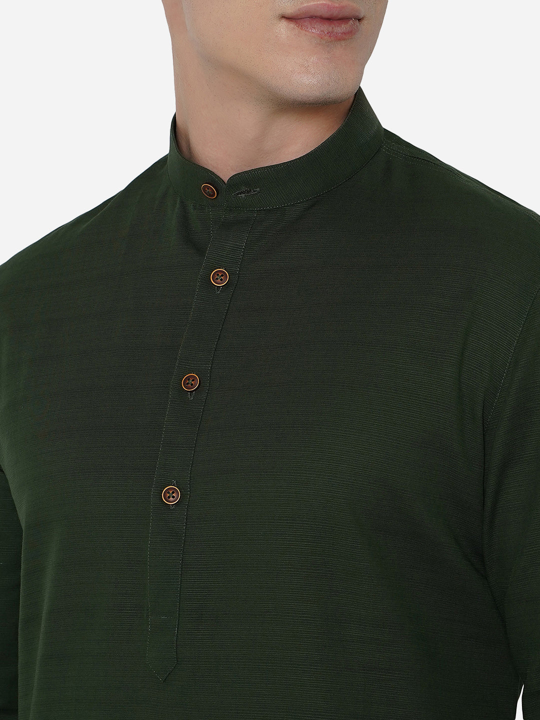 Dark Green Self Textured Regular Fit Modi Kurta | JadeBlue