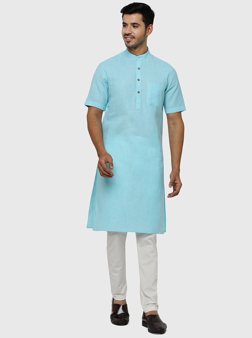 Sky Blue Self Textured Regular Fit Modi Kurta | JadeBlue